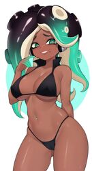  absurdres arm_behind_back bikini black_bikini black_hair blush breasts cameltoe cephalopod_eyes collared_bikini contrapposto cowboy_shot dark-skinned_female dark_skin female green_eyes green_hair headphones highleg highleg_bikini highres large_breasts long_hair looking_at_viewer marina_(splatoon) mole mole_under_mouth moursho multicolored_hair navel navel_piercing octoling piercing sharp_teeth skindentation solo splatoon_(series) splatoon_2 stomach string_bikini suction_cups sweat swimsuit teeth tentacle_hair 