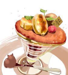  chai_(drawingchisanne) commentary dessert feline food food_focus fruit godiva_chocolatier highres mint no_humans original raspberry simple_background spoon white_background 