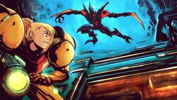  blonde_hair cosplay english_commentary female green_eyes jd_benefield metroid one_side_up orange_hair pengin_pina prism_project samus_aran samus_aran_(cosplay) solo_focus varia_suit virtual_youtuber 