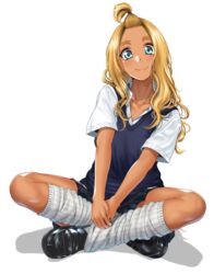  bangs_pinned_back blonde_hair blue_eyes breasts dark-skinned_female dark_skin female forehead gyaru highres indian_style kneehighs loafers long_hair looking_at_viewer loose_socks original shoes simple_background sitting smile socks solo tama_(tamakaka1031) wavy_hair white_background white_socks 