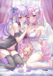  2girls absurdres angel angel_and_devil angel_wings arm_strap babydoll bare_shoulders black_babydoll black_bow black_thighhighs blush bow breasts choker cleavage commentary_request demon_girl demon_horns demon_tail demon_wings hair_ornament hairbow halo highres horns kneeling large_breasts lipstick long_hair makeup multiple_girls navel original panties parted_lips pink_hair pointy_ears purple_eyes purple_hair purple_panties sitting smile stuffed_animal stuffed_toy tail teddy_bear thighhighs thighs twintails underwear wariza white_babydoll white_thighhighs wings yuyuko_(yuyucocco) 