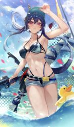  absurdres arknights arm_up armpits bare_arms bare_shoulders baseball_cap bikini bikini_under_clothes black_bikini black_hair blue_sky breasts ch&#039;en_(arknights) ch&#039;en_the_holungday_(arknights) cleavage cloud cowboy_shot crossed_bangs day falling_petals female floating_hair grey_shorts gun hair_between_eyes halterneck hand_on_headwear hat highleg highleg_bikini highres holding holding_gun holding_weapon horns horns_through_headwear long_hair looking_at_viewer medium_breasts micro_shorts monge_baby multi-strapped_bikini navel outdoors parted_lips petals red_eyes rubber_duck short_shorts shorts sidelocks sky solo stomach string_bikini swimsuit tail thighs wading water weapon wet 