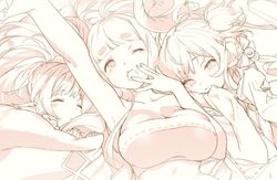  3girls akiyoshi_haru andira_(granblue_fantasy) anila_(granblue_fantasy) animal_ears bare_shoulders breasts cleavage closed_eyes collarbone commentary_request draph erune granblue_fantasy harvin large_breasts long_sleeves looking_at_viewer lying mahira_(granblue_fantasy) monkey_ears monochrome multiple_girls on_back on_side one_eye_closed open_mouth pointy_ears ponytail sleeveless strapless tube_top yawning 