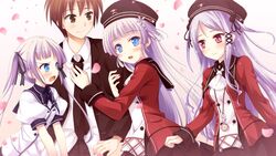  16:9 1boy 3girls arima_yousuke blush brown_hair game_cg hat hinomiya_ayari ko~cha long_hair multiple_girls purple_hair red_eyes short_hair witch&#039;s_garden witch_hat yukimura_akeno yukimura_suzuno 