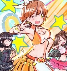  3girls ;d bad_id bad_pixiv_id belt black_gothic_dress_(idolmaster) black_hair blush breasts brown_hair cleavage crop_top hairband hand_on_own_hip honda_mio idolmaster idolmaster_cinderella_girls jewelry long_hair medium_breasts midriff multiple_girls navel necklace one_eye_closed open_mouth pendant pink_check_school_(idolmaster) shibuya_rin shimamura_uzuki short_hair skirt smile star_(symbol) sunset_nostalgie_(idolmaster) wrist_cuffs yummy_yoi 