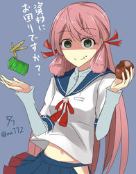  a.a_(aa772) akashi_(kancolle) ammunition bad_id bad_pixiv_id bauxite drum_(container) eating female green_eyes hair_ribbon hip_vent kantai_collection long_hair looking_at_viewer pink_hair ribbon school_uniform serafuku shaded_face skirt smile solo translation_request tress_ribbon 