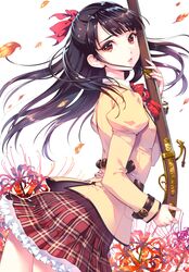  antique_firearm black_hair bow brown_eyes character_request commentary_request cover cover_page female firelock flower gun gun_shadow hair_ribbon kikumon leaf long_hair looking_at_viewer matchlock nishimura_eri official_art plaid plaid_skirt ribbon rifle school_uniform skirt solo spider_lily weapon 