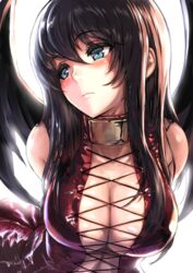  aqua_eyes backlighting bare_shoulders black/matrix black_hair black_wings bloom blush breasts cleavage closed_mouth collarbone commentary cross-laced_clothes domina expressionless feathered_wings female hair_between_eyes half-closed_eyes large_breasts light_frown long_hair looking_away looking_to_the_side shiny_clothes skindentation solo tooi_aoiro wings 