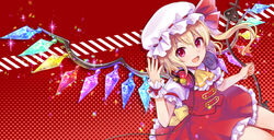  :d arm_up ascot blonde_hair commentary_request cowboy_shot crystal female fingernails flandre_scarlet floating_cloud frilled_skirt frilled_sleeves frills hair_between_eyes halftone halftone_background hat hat_ribbon headphones headphones_around_neck highres holding holding_weapon laevatein_(touhou) light_particles looking_at_viewer looking_up mob_cap neme open_mouth puffy_short_sleeves puffy_sleeves red_background red_eyes red_skirt red_vest ribbon shirt short_hair short_sleeves side_ponytail skirt smile solo sparkle touhou vest weapon white_shirt wings yellow_ascot 