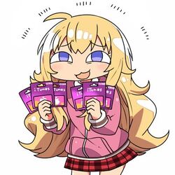  :3 :d ^^^ ahoge bad_id bad_twitter_id blonde_hair female gabriel_dropout gabriel_tenma_white gift_card holding hood hoodie inactive_account itunes itunes_card kanikama long_hair lowres open_mouth plaid plaid_skirt school_uniform skirt smile smirk solo very_long_hair white_background 