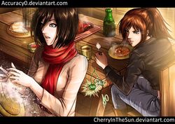  2girls accuracy0 black_eyes black_hair brown_eyes brown_hair cherry_in_the_sun collaboration commentary_request contemporary mikasa_ackerman multiple_girls photoshop_(medium) ponytail sasha_blouse shingeki_no_kyojin short_hair 