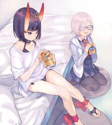  2girls ankle_ribbon barefoot barefoot_sandals_(jewelry) bed beer_can blunt_bangs blush can closed_eyes commentary_request drink_can fate/grand_order fate_(series) feet foot_out_of_frame glasses hair_over_one_eye hood hoodie horns leg_ribbon light_purple_hair long_sleeves mash_kyrielight multiple_girls necktie oni pantyhose purple_eyes purple_hair red_necktie ribbon shirt short_hair short_sleeves shuten_douji_(fate) skin-covered_horns smile soda_can toes urayamashiro_(artist) white_shirt yebisu 