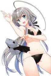  absurdres bikini black_bikini blush breasts cleavage collarbone dutch_angle female green_eyes grey_hair groin hair_between_eyes haiyore!_nyaruko-san highres koin_(foxmark) long_hair medium_breasts navel nyarlathotep_(nyaruko-san) open_mouth photoshop_(medium) scan shantak_(nyaruko-san) side-tie_bikini_bottom sidelocks simple_background solo standing swimsuit very_long_hair white_background wings 