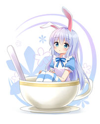  absurdres agung_syaeful_anwar alice_(wonderland) alice_(wonderland)_(cosplay) alice_in_wonderland animal_ears apron blue_eyes blue_hair blue_legwear blue_neckwear blush bow bowtie bunny_ears commentary cosplay cup english_commentary eyebrows_visible_through_hair female gochuumon_wa_usagi_desu_ka? highres in_container in_cup kafuu_chino long_hair looking_at_viewer pantyhose parted_lips puffy_short_sleeves puffy_sleeves short_sleeves sitting solo spoon striped striped_legwear teacup tray white_apron 