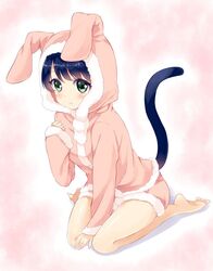  animal_ears animal_hood blue_hair blush cat_tail commentary_request cyan_(show_by_rock!!) fake_animal_ears female green_eyes hood maruki_(punchiki) pajamas rabbit_ears rabbit_hood rabbit_pajamas show_by_rock!! solo tail 