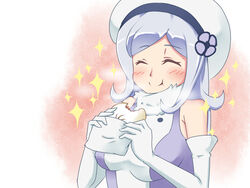  aila_jyrkiainen baozi bare_shoulders beret blush closed_eyes commentary_request eating elbow_gloves female food gloves gundam gundam_build_fighters hat ichimu_(1727) long_hair smile sparkle white_hair 