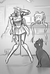  android bishoujo_senshi_sailor_moon black_cat commentary disembodied_head double_bun english_commentary feline female greyscale hair_bun highres joints long_hair luna_(sailor_moon) mechanization monochrome no_feet psuede robot_joints sailor_moon sweatdrop tiara tsukino_usagi twintails 