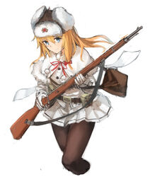  blonde_hair blue_eyes bolt_action capelet female full_body fur_hat girls_frontline gloves gun hat long_hair looking_at_viewer mosin-nagant mosin-nagant_(girls_frontline) pantyhose pleated_skirt rifle skirt sling_(weapon) smile solo unitsu ushanka weapon 