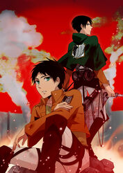  aokiku ascot back-to-back bad_id bad_pixiv_id belt black_eyes black_hair boots brown_hair cape dual_wielding emblem eren_yeager green_eyes highres holding jacket levi_(shingeki_no_kyojin) long_sleeves multiple_boys paradis_military_uniform red_background shingeki_no_kyojin short_hair survey_corps_(emblem) sword thigh_strap three-dimensional_maneuver_gear wall weapon 