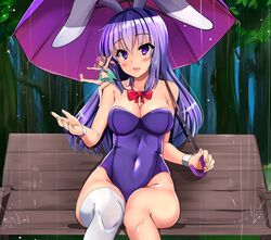  2girls animal_ears bare_shoulders bench blush bow bowtie breasts cleavage commentary_request covered_navel erina_(rabi-ribi) fairy hair_between_eyes head_tilt highres large_breasts long_hair looking_at_viewer mini_person minigirl multiple_girls outdoors playboy_bunny purple_eyes purple_hair rabbit_ears rabbit_girl rabi-ribi ribbon_(rabi-ribi) senra_banshou shared_umbrella single_thighhigh sitting sitting_on_shoulder thighhighs umbrella wrist_cuffs 