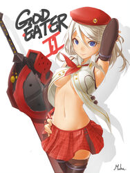  adjusting_hair alisa_ilinichina_amiella armpits bad_id bad_pixiv_id beret black_gloves blue_eyes boots breasts copyright_name elbow_gloves female fingerless_gloves gloves god_eater god_eater_2:_rage_burst hand_on_own_hip hat highres huge_weapon long_hair looking_at_viewer medium_breasts navel neko7 open_clothes open_shirt photoshop_(medium) shadow shirt signature smile solo sword thigh_boots thighhighs weapon white_hair 