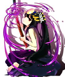  androgynous barefoot black_hair cape commentary_request female flower hair_flower hair_ornament katana long_hair pikomarie ponytail puzzle_&amp;_dragons red_eyes scabbard sheath sheathed sleeveless solo sword weapon yomi_(p&amp;d) 