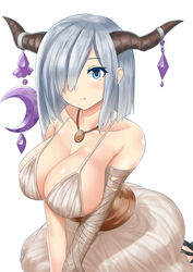  bandages bare_shoulders blue_eyes breasts cleavage commentary_request cosplay danua danua_(cosplay) draph dress female granblue_fantasy grey_hair hair_ornament hair_over_one_eye hamakaze_(kancolle) highres horn_ornament horns jewelry kantai_collection large_breasts looking_at_viewer necklace seiza short_hair sin_(kami148) sitting solo spaghetti_strap v_arms white_background white_dress 