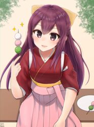  :d bad_id bad_pixiv_id beige_background blush bow commentary_request dango eyebrows eyelashes female food hairbow hakama hakama_skirt head_tilt holding holding_food japanese_clothes kamikaze_(kancolle) kantai_collection kimono long_hair meiji_schoolgirl_uniform nayuhi_(yukimuu14) open_mouth pink_bow pink_hakama plate purple_eyes purple_hair sanshoku_dango short_sleeves simple_background sitting skirt smile solo sparkle tasuki very_long_hair wagashi yellow_bow 