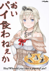  artist_name blonde_hair blue_eyes braid commentary_request crown curry_soba dress female fish food half_up_braid highres holding holding_food jewelry kantai_collection long_hair long_sleeves mini_crown necklace off-shoulder_dress off_shoulder pie reverse_translation smile solo stargazy_pie suiyou_dou_de_shou translated typo warspite_(kancolle) white_dress 