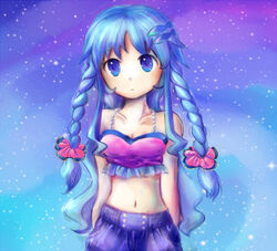  bare_shoulders blue_eyes blue_hair braid collarbone female hair_ornament hairclip hands_in_pockets long_hair midriff navel neptune_(planet) original personification planet sidelocks solo star_(sky) twin_braids wanram wavy_hair 