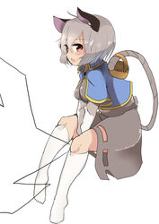  :o animal_ears basket between_legs blush breasts capelet commentary_request dowsing_rod female grey_hair highres holding holding_with_tail kneehighs long_sleeves looking_at_viewer medium_breasts mouse_ears mouse_tail nazrin oerba_yun_fang open_mouth prehensile_tail red_eyes short_hair sitting skirt skirt_set socks solo tail takimoto_yukari touhou v_arms vest 