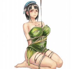  arms_behind_back bare_legs bare_shoulders barefoot beret black_hair blunt_bangs bondage bondage bound bound_arms breasts collarbone commentary_request female frogtie full_body hat kantai_collection large_breasts leaf leaf_clothing looking_at_viewer pouring red_eyes rope sailex seiza short_hair sidelocks simple_background sitting solo takao_(kancolle) thighs wavy_mouth white_background 