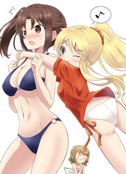  3girls age_difference bikini black_eyes blonde_hair brown_eyes brown_hair commentary_request hair_ornament hairclip hug ishizu_kayu karasuma_sakura kin-iro_mosaic kujou_karen kuzehashi_akari long_hair multiple_girls o-ring o-ring_bottom o-ring_top onee-loli ponytail side_ponytail swimsuit teacher_and_student x_hair_ornament yuri 