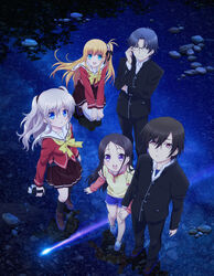  2boys 3girls :d adjusting_eyewear black_hair black_jacket black_pants black_socks blue_eyes blue_shirt blue_shorts bow bowtie breasts brother_and_sister brown_footwear camcorder camera charlotte_(anime) closed_mouth collarbone collared_shirt dress_shirt grey_hair hair_ornament hairclip hands_on_own_knees highres holding holding_camera holding_hands hoshinoumi_academy_school_uniform jacket key_visual kneehighs long_hair long_sleeves looking_at_viewer looking_up multiple_boys multiple_girls night nishimori_yusa official_art open_mouth orange_hair otosaka_ayumi otosaka_yuu outdoors over-rim_eyewear pants parted_bangs parted_lips photoshop_(medium) pleated_skirt promotional_art purple_eyes red_eyes red_shirt reflection reflective_water sailor_collar school_uniform semi-rimless_eyewear serafuku shirt short_hair shorts siblings side_ponytail skirt small_breasts smile socks squatting takajou_joujirou teeth thighhighs tomori_nao two_side_up upper_teeth_only video_camera wading water white_sailor_collar white_shirt yellow_bow yellow_bowtie yellow_shirt zettai_ryouiki 