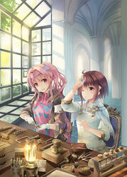  2girls :d arm_up awl blue_gemstone blush brown_hair brown_jacket cape chair commentary_request cover cover_page file_(tool) gem glint gloves hacksaw hair_intakes hammer highres holding indoors jacket long_hair long_sleeves mallet multiple_girls myrla_vrmmo_de_yaritai_houdai naruse_chisato novel_cover official_art on_chair one_eye_closed open_clothes open_jacket open_mouth parted_lips photoshop_(medium) pink_hair pink_shirt pliers purple_eyes red_eyes saw shirt short_hair sidelocks sitting smile table teeth upper_teeth_only very_long_hair white_cape white_gloves white_shirt window 