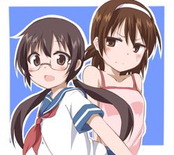  2girls black_eyes black_hair brown_eyes brown_hair commentary_request glasses hairband kou89 long_hair multiple_girls nagatsuki_sanae sakura_kiyomi school_uniform serafuku shinryaku!_ikamusume short_hair twintails 