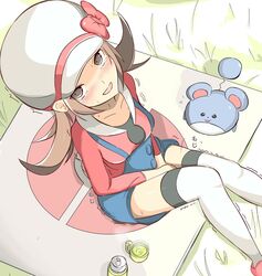  between_legs blue_shorts breasts brown_eyes brown_hair collarbone commentary_request cup female grass hat have_to_pee long_hair looking_at_viewer lyra_(pokemon) marill muroi_(fujisan0410) outdoors pokemon pokemon_(creature) shorts sitting teacup thighhighs white_hat white_legwear 