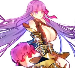  bare_shoulders breasts cleavage collar fate/extra fate/extra_ccc fate/grand_order fate_(series) female female gauntlets gradient_background hair_ornament hair_ribbon highres huge_breasts long_hair looking_at_viewer passion_lip purple_eyes purple_hair ribbon shorts simple_background solo tev thighs very_long_hair weapon 