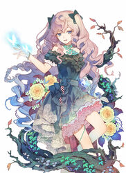  blonde_hair blue_eyes bow bracelet bug butterfly commentary_request female flower green_bow hairbow highres jewelry kuroyuki looking_at_viewer md5_mismatch open_mouth original plant resolution_mismatch smile solo source_smaller teeth vines 