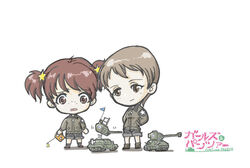  2girls alisa_(girls_und_panzer) brown_eyes brown_hair chibi commentary_request controller girls_und_panzer hasegawa_takemitsu light_brown_hair m4_sherman military military_uniform military_vehicle motor_vehicle multiple_girls naomi_(girls_und_panzer) photoshop_(medium) radio_controller remote_control saunders_military_uniform sherman_firefly tank tears uniform 