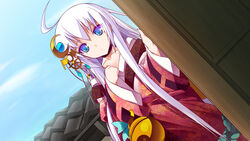  ahoge blue_eyes character_request crescent crescent_hair_ornament female game_cg hair_ornament long_hair photoshop_(medium) potion_(moudamepo) sengoku_hime solo white_hair 