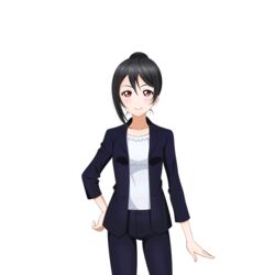  &gt;:) black_hair collarbone cowboy_shot female formal hair_bun hand_on_own_hip imageboard_desourced long_sleeves love_live! love_live!_school_idol_festival love_live!_school_idol_project mature_female non-web_source office_lady official_art red_eyes single_hair_bun smile solo suit transparent_background v-shaped_eyebrows yazawa_nico&#039;s_mother 