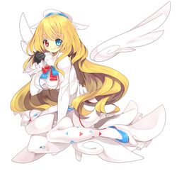  atago_(kancolle) blonde_hair blue_eyes commentary_request cosplay female gloves hat heterochromia highres kantai_collection kuro_guren long_hair pokemon red_eyes skirt solo togekiss togekiss_(cosplay) white_legwear wings 