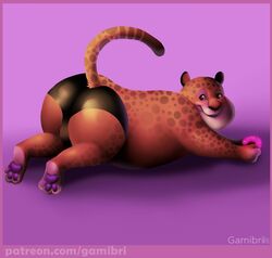  anthro ass benjamin_clawhauser bulge cheetah clothed clothing dessert disney doughnut felid feline food gamibri hi_res male mammal obese obese_anthro obese_male overweight overweight_anthro overweight_male pastry solo topless underwear zootopia 