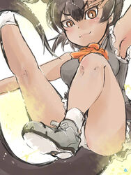  arm_up armpits ascot ass bare_legs bare_shoulders brown_eyes closed_mouth commentary_request dark-skinned_female dark_skin female fossa_(kemono_friends) frilled_shirt frilled_skirt frills grey_footwear grey_shirt hair_between_eyes highres jumping kemono_friends knee_up kneepits leg_up looking_at_viewer medium_hair mishiro_shinza orange_ascot outstretched_arm outstretched_arms outstretched_leg panties pantyshot shirt shoe_soles shoes short_hair sidelocks skirt sleeveless sleeveless_shirt slit_pupils smile socks solo spread_arms tail tsurime underwear v-shaped_eyebrows white_panties white_socks 