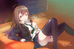  bad_id bad_pixiv_id breath brown_hair cardigan commentary_request earrings female green_eyes hagha idolmaster idolmaster_cinderella_girls jewelry long_hair looking_at_viewer lying navel necktie on_back open_cardigan open_clothes panties photoshop_(medium) school_uniform shibuya_rin signature skirt solo thighhighs unbuttoned underwear white_panties 