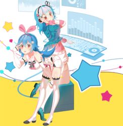  2girls absurdres adjusting_headphones ahoge aqua_footwear bare_shoulders bbsucg bent_over bili_girl_22 bili_girl_33 bilibili blue_hair blue_hoodie blush boots breasts commentary_request cosplay detached_sleeves dj dress full_body hair_ornament hairband hairpin hanging_breasts headphones high_heels highres hood hoodie kizuna_ai kizuna_ai_(cosplay) kizuna_ai_inc. kneeling long_hair long_sleeves looking_at_viewer medium_breasts multiple_girls red_eyes sailor_collar shirt short_hair smile standing star_(symbol) sweater sweater_dress thigh_boots thighhighs thighs tight_clothes tight_shirt tongue tongue_out v v_over_eye virtual_youtuber white_footwear white_legwear xiao_dianshi 