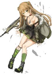  bad_link blush brown_hair bullpup camouflage camouflage_jacket choker dog_tags double_bun female fingerless_gloves full_body fur-trimmed_jacket fur_trim girls&#039;_frontline gloves green_eyes gun hair_bun jacket kel-tec_rfb long_hair looking_at_viewer photoshop_(medium) rfb_(girls&#039;_frontline) rifle smile socks solo strap_slip striped_clothes striped_socks tank_top unitsu vertical-striped_clothes vertical-striped_socks weapon 