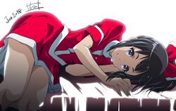  2018 bed_sheet black_hair blue_eyes bow commentary_request female hairbow hibike!_euphonium highres long_hair looking_at_viewer lying miniskirt nii_manabu on_side ponytail red_bow red_shirt red_skirt rikka_koukou_marching_band_e_youkoso sasaki_azusa shirt short_sleeves simple_background skirt smile solo white_background 