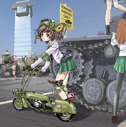  6+girls akiyama_yukari anglerfish black_gloves black_legwear black_neckerchief blouse brown_eyes brown_hair building caterpillar_tracks commentary_request day elbow_pads emblem fish girls_und_panzer gloves goggles goggles_on_headwear green_skirt hasegawa_takemitsu helmet isobe_noriko kawanishi_shinobu knee_pads kondou_taeko long_sleeves m3_lee messy_hair military military_vehicle miniskirt motor_vehicle motorcycle multiple_girls neckerchief ooarai_(emblem) ooarai_(ibaraki) ooarai_marine_tower ooarai_school_uniform oono_aya outdoors panzer_iv photoshop_(medium) pleated_skirt school_uniform serafuku shirt skirt sky socks sportswear takebe_saori tank tiger_i type_89_i-gou volleyball_uniform walking_bike white_shirt 